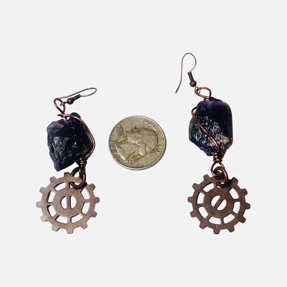 Amethyst Copper Wrapped Dangle Earrings Gear Charm 3" Artesian Steampunk - Picture 10 of 11